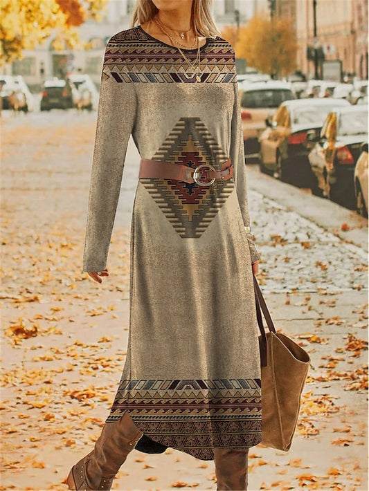 Women's Winter Dress Color Block Print With Belt Crew Neck Midi Dress Vintage Ethnic Daily Vacation Long Sleeve Fall Winter