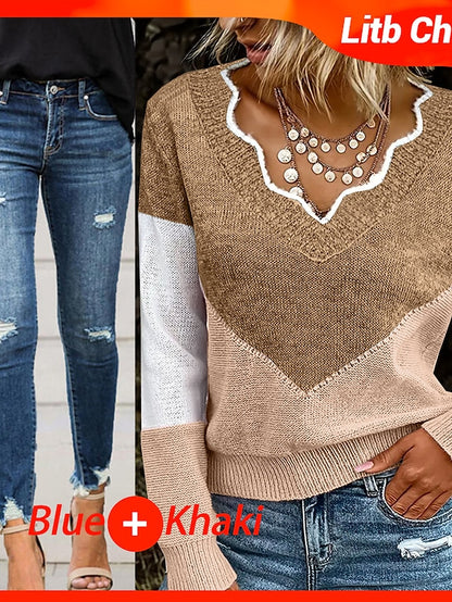 Women's Pullover Sweater Jumper V Neck Crochet Knit Cotton Blend Oversized Fall Winter Regular Daily Weekend Casual Long Sleeve Solid Color Blue Khaki Dark Gray S M L