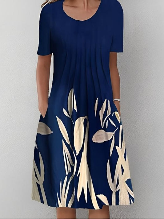 Women's Casual Dress Shift Dress Midi Dress Navy Blue Short Sleeve Floral Ruched Spring Summer Crew Neck Basic Daily Vacation Weekend 2023 S M L XL XXL 3XL - LuckyFash™