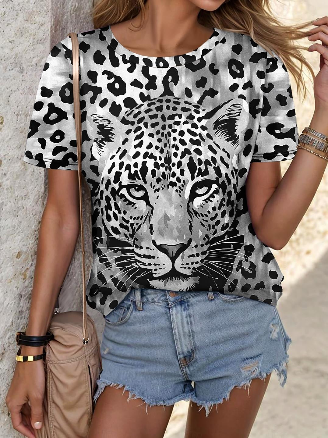 Women's T shirt Tee Leopard Daily Weekend Print Blue Short Sleeve Fashion Crew Neck Summer