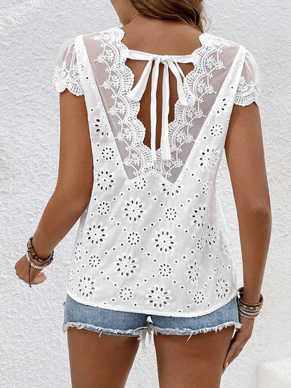 Women's White Lace Blouse Backless Eyelet Tie Back Short Sleeve V Neck Elegant Wedding Summer