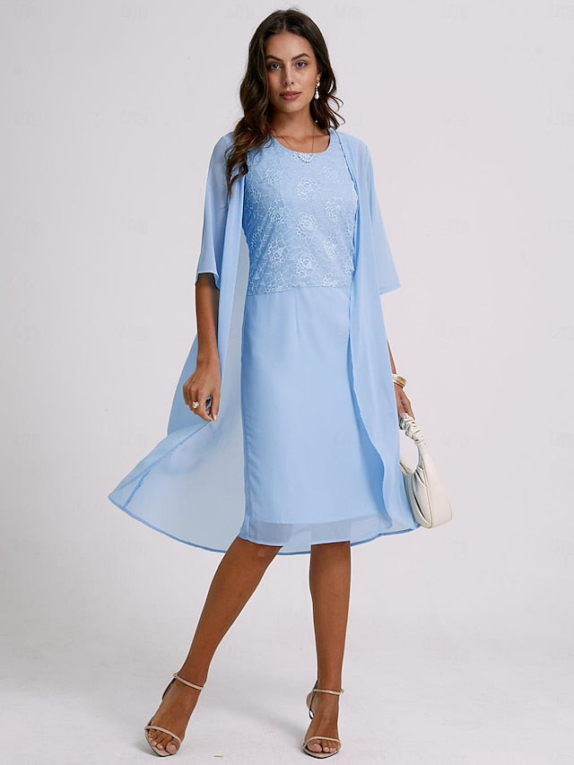 Women's Two Piece Dress Set Casual Lace Dress Midi Chiffon Dress Blue Gray Crew Neck 3/4 Length Sleeve Solid Color Regular Fit Outdoor Daily Fashion Spring Summer