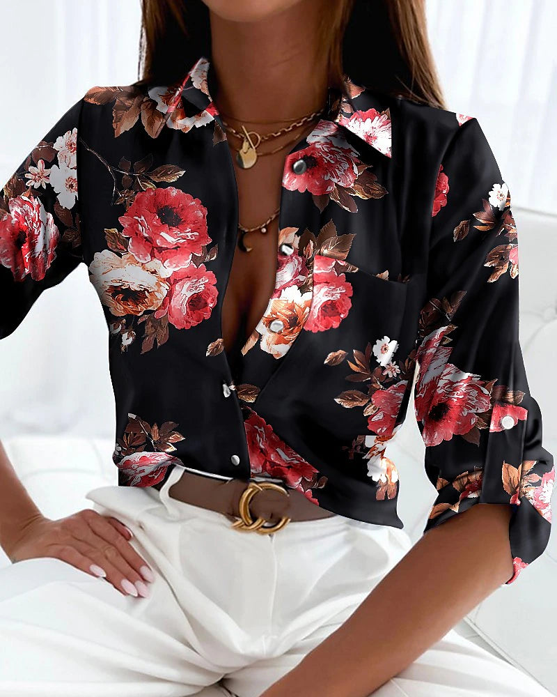 Women's Shirt Boho Shirt Blouse Floral Striped Letter Button Pocket Print Black Long Sleeve Vintage Streetwear Casual Shirt Collar Spring Fall