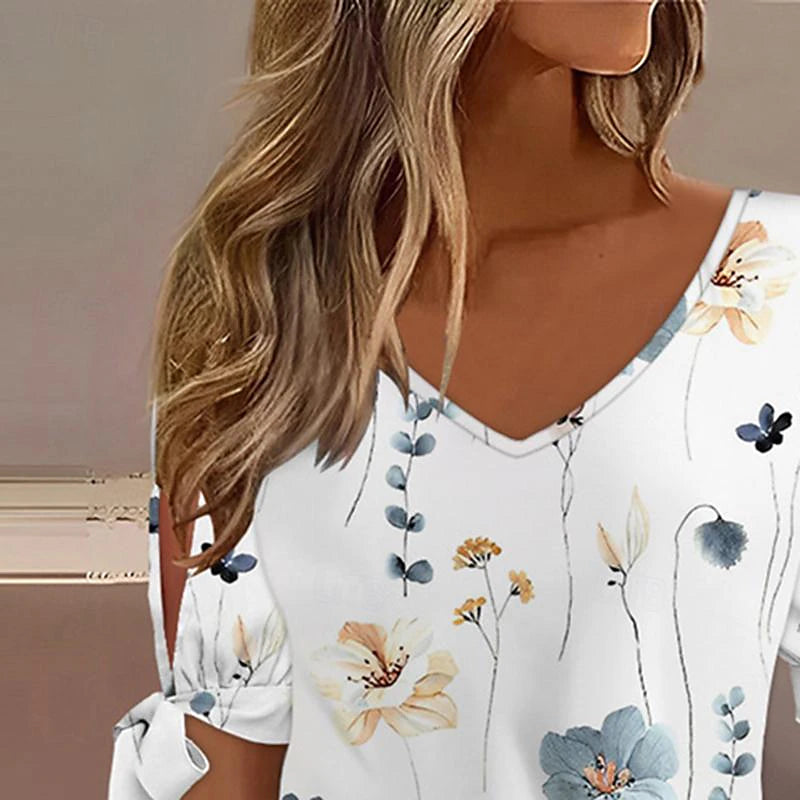 Women's Shirt Blouse Floral Daily Vacation Cut Out Print White Short Sleeve Casual V Neck Summer