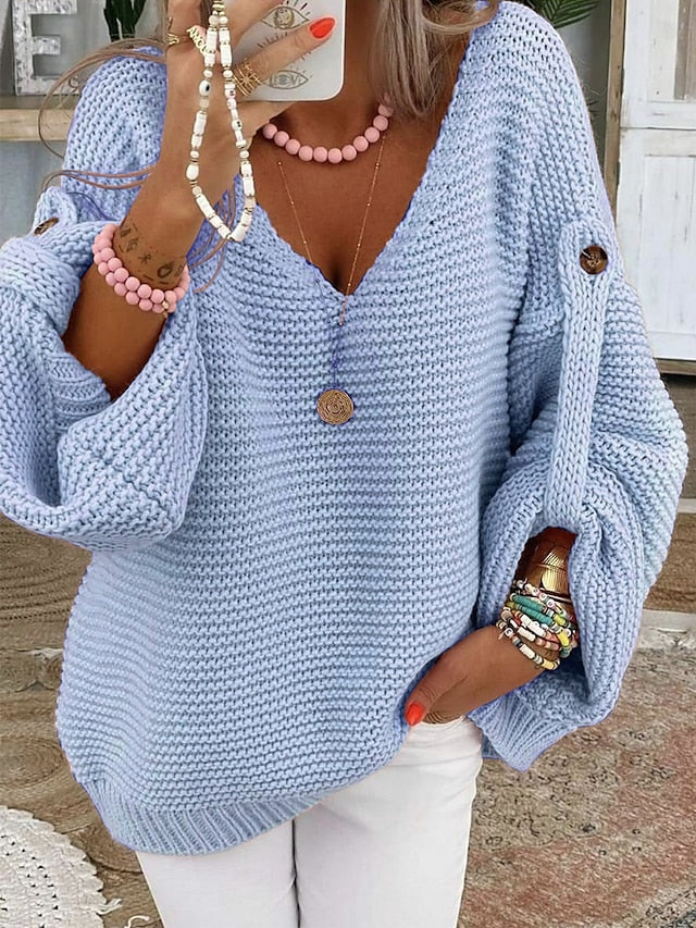 Women's Pullover Sweater Jumper V Neck Crochet Knit Spandex Button Oversized Fall Winter Regular Daily Going out Stylish Soft Long Sleeve Pure Color Pink Light Blue S M L