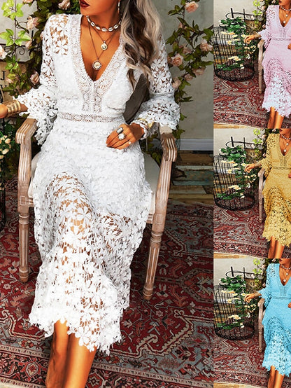 Women's Wedding Guest Dress Party Dress Lace Dress Long Dress Maxi Dress White Yellow Pink Long Sleeve Pure Color Lace Summer Spring Fall Deep V Fashion Winter Dress Birthday Wedding Guest 2022 S M L - LuckyFash™