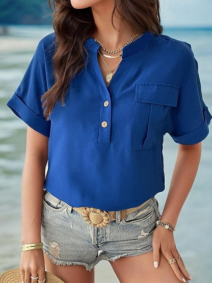 Women's Shirt Blouse Plain Daily Button Pocket Blue Short Sleeve Casual V Neck Summer