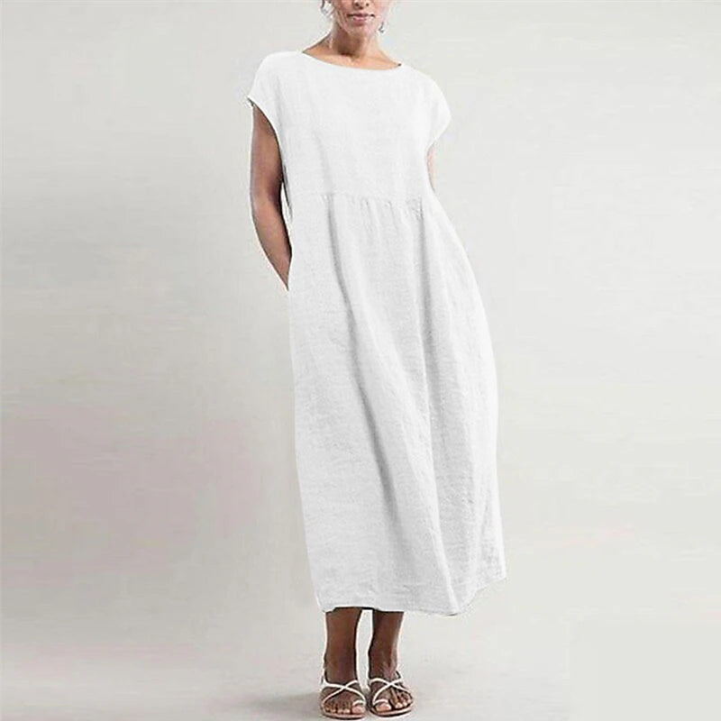 Women's White Dress Cotton Linen Dress A Line Dress Maxi long Dress Patchwork Pocket Basic Daily Crew Neck Short Sleeve Summer Spring Black White Pure Color