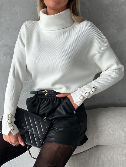 Women's Pullover Sweater Jumper Turtleneck Ribbed Knit Polyester Button Knitted Fall Winter Regular Outdoor Daily Going out Stylish Casual Soft Long Sleeve Solid Color Black White Army Green S M L