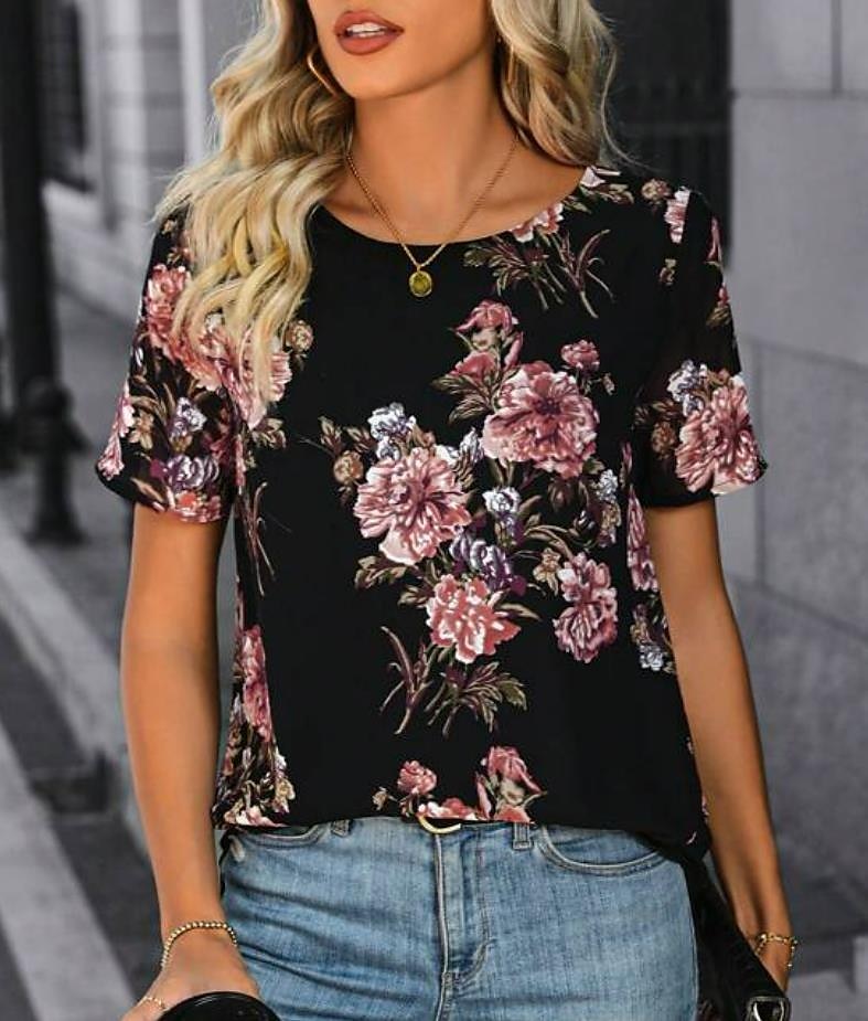 Women's T shirt Tee Floral Casual Holiday Print Black Short Sleeve Fashion Round Neck Summer