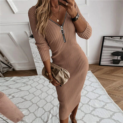 Women's Sweater Dress Jumper Dress Casual Dress Midi Dress Knitwear Fashion Elegant Dress Pure Color Winter Dress Daily Holiday Fall Dress Deep V Long Sleeve Zipper 2023 Regular Fit Black White khaki