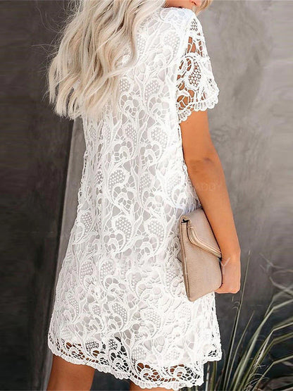 Women's Work Dress Semi Formal Dress White Lace Wedding Dress Elegant Mini Dress with Sleeve Crew Neck Short Sleeve Plain Loose Fit White Summer Spring S M L XL XXL