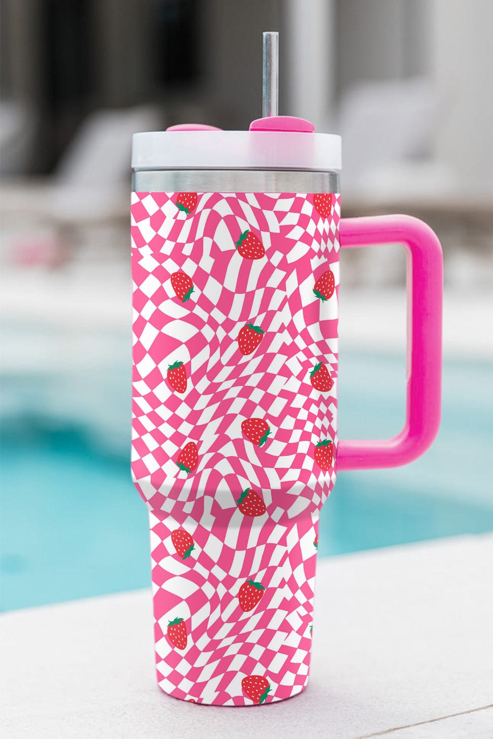 Rose Red Strawberry Checkered Print Handled Tumbler 40oz