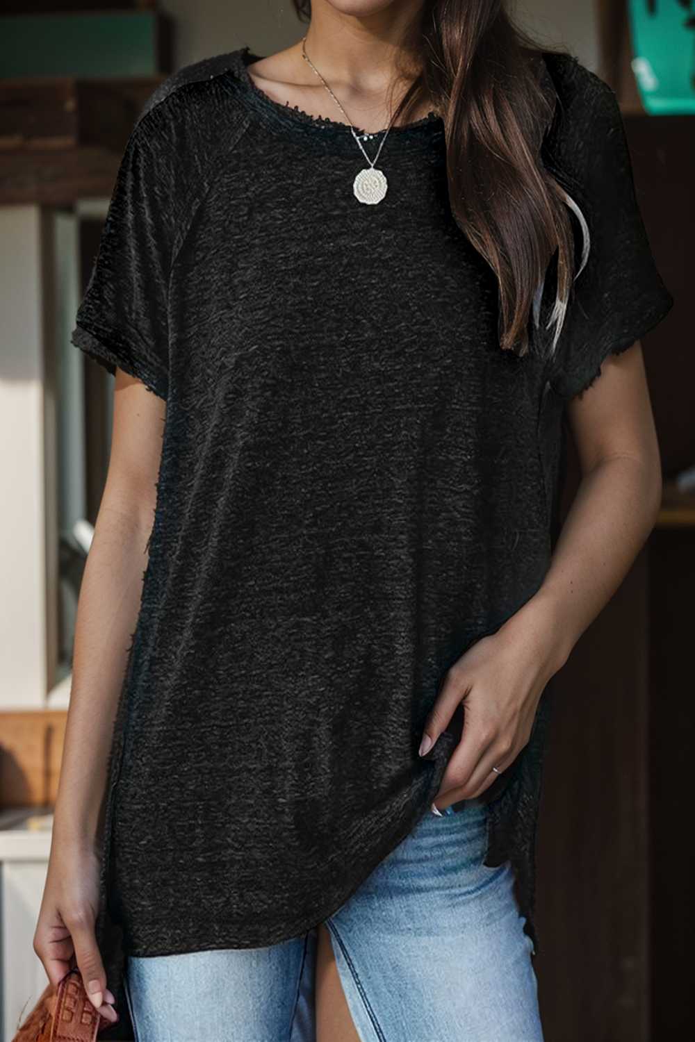 round neck solid loose short sleeve t shirt 110095