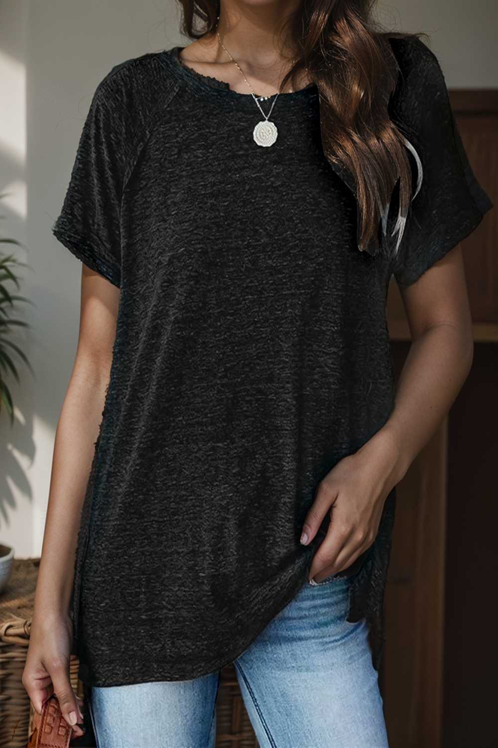 round neck solid loose short sleeve t shirt 108160