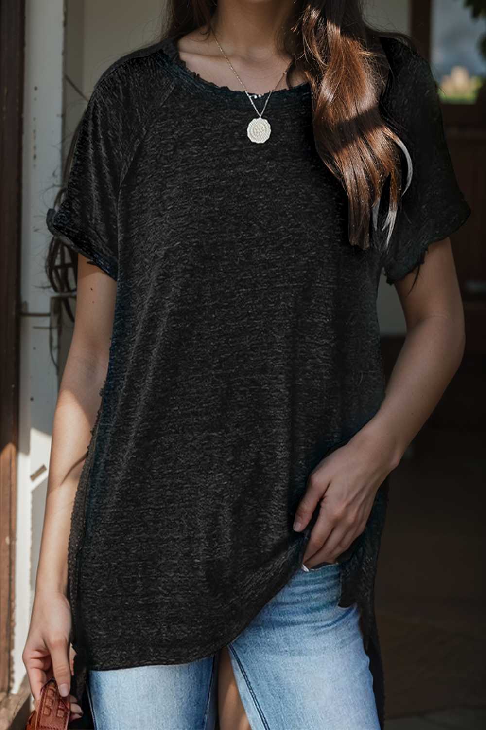 round neck solid loose short sleeve t shirt 111425
