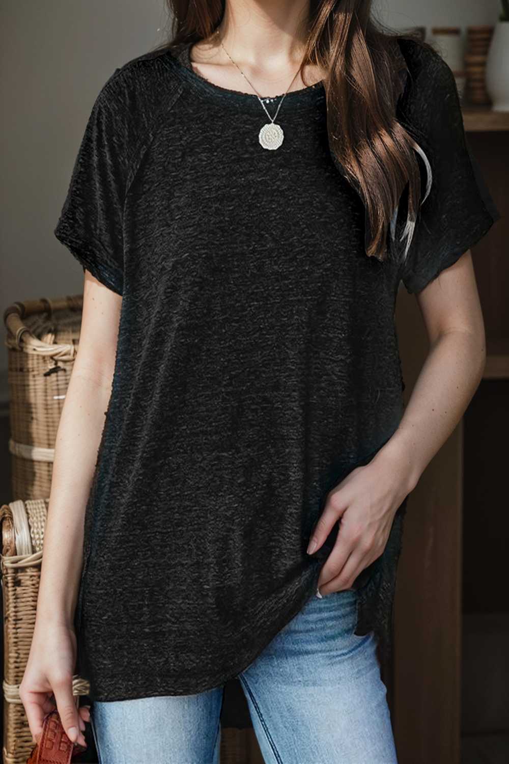 round neck solid loose short sleeve t shirt 111423