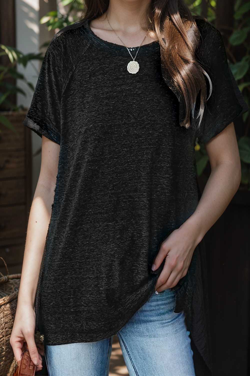 round neck solid loose short sleeve t shirt 111421