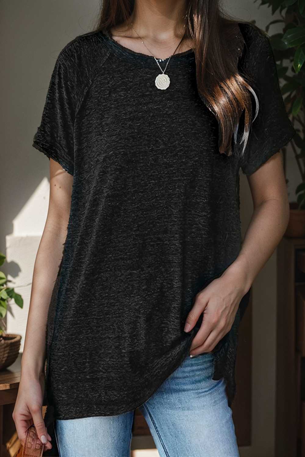 round neck solid loose short sleeve t shirt 149844