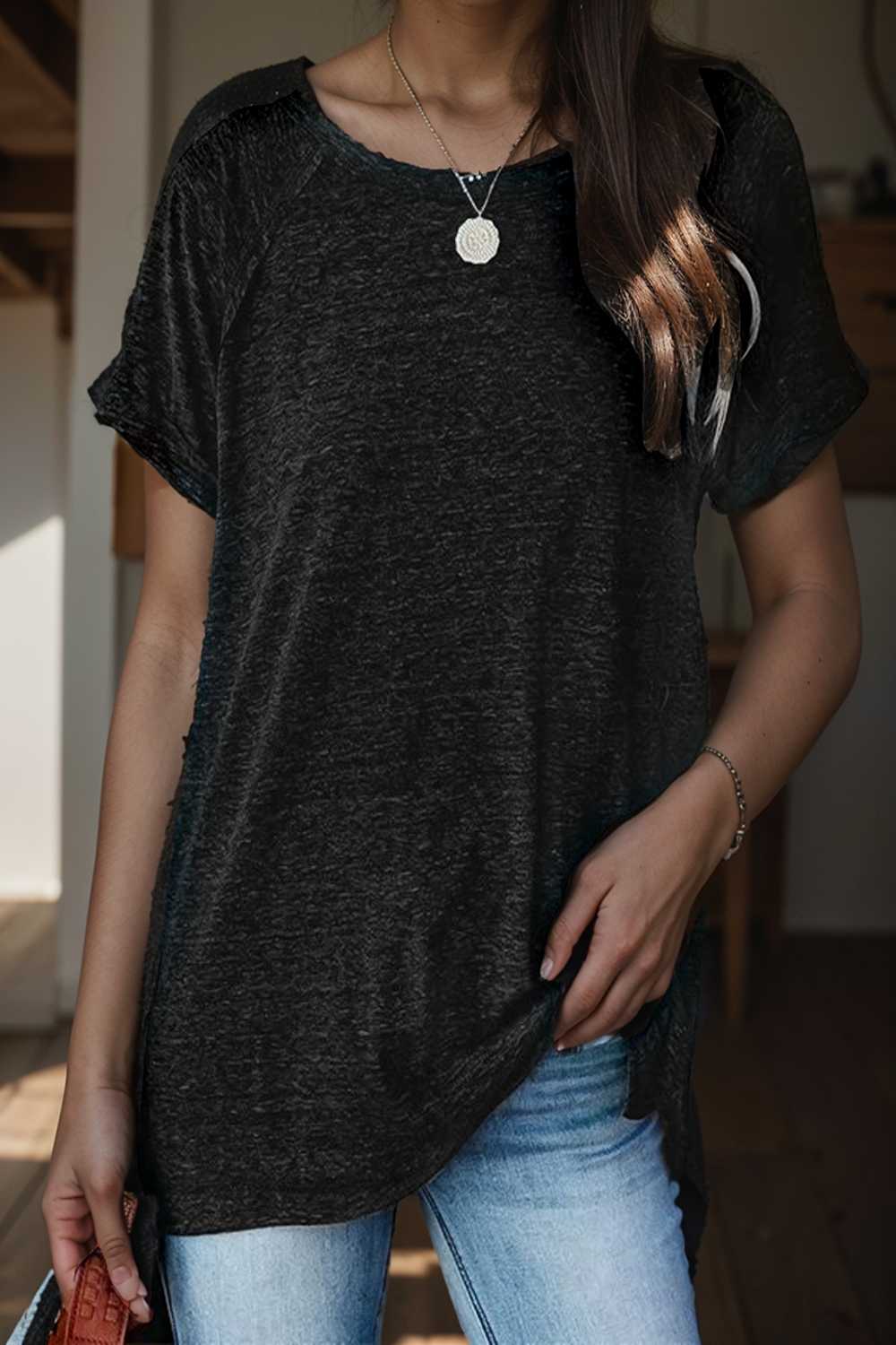 round neck solid loose short sleeve t shirt 149842