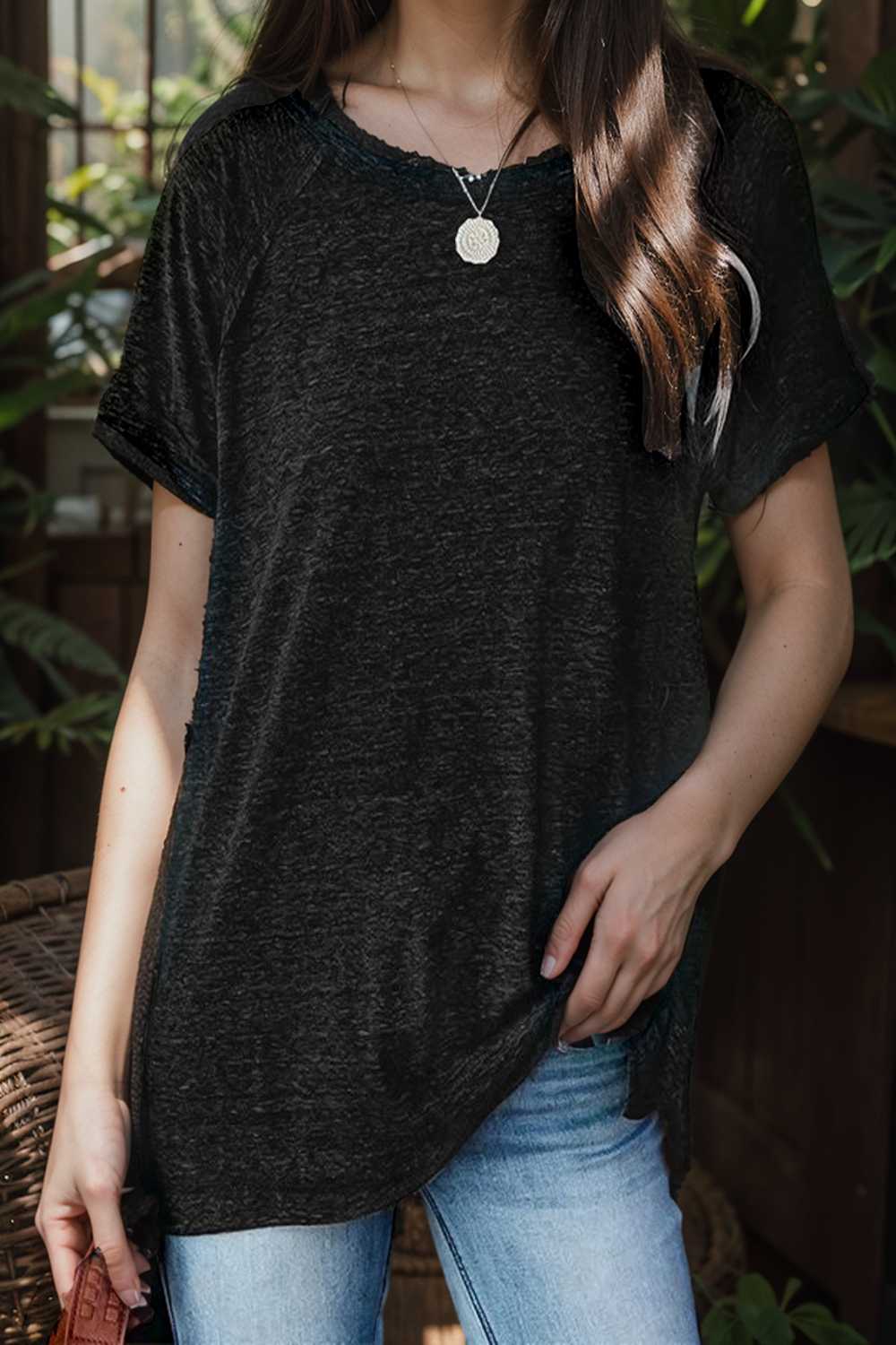 round neck solid loose short sleeve t shirt 149841