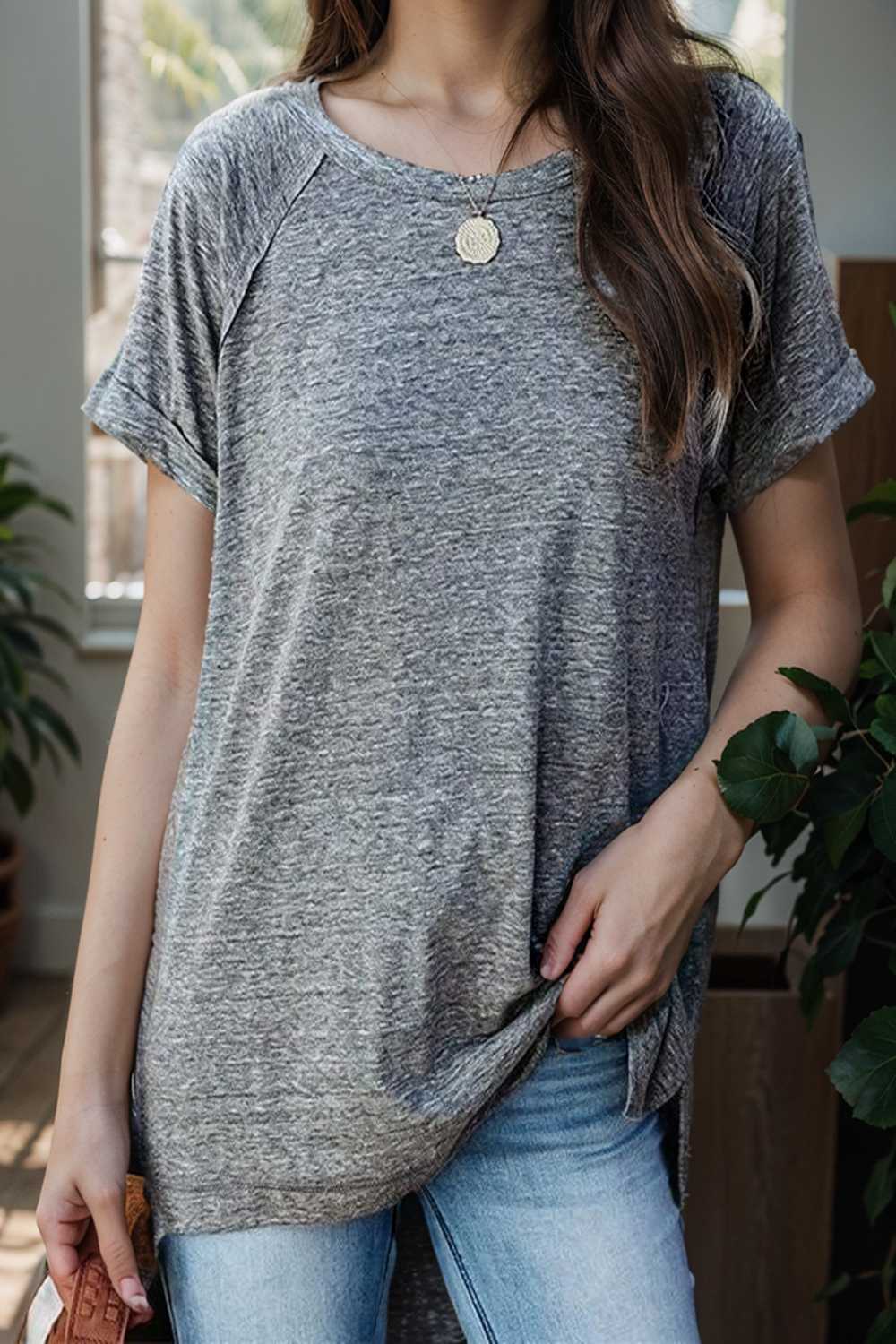 round neck solid loose short sleeve t shirt 108158