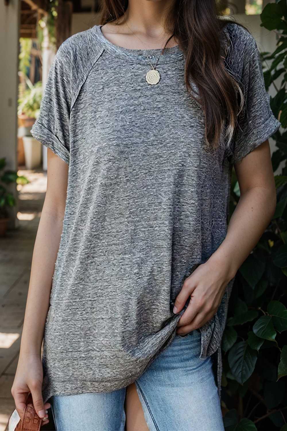 round neck solid loose short sleeve t shirt 106811