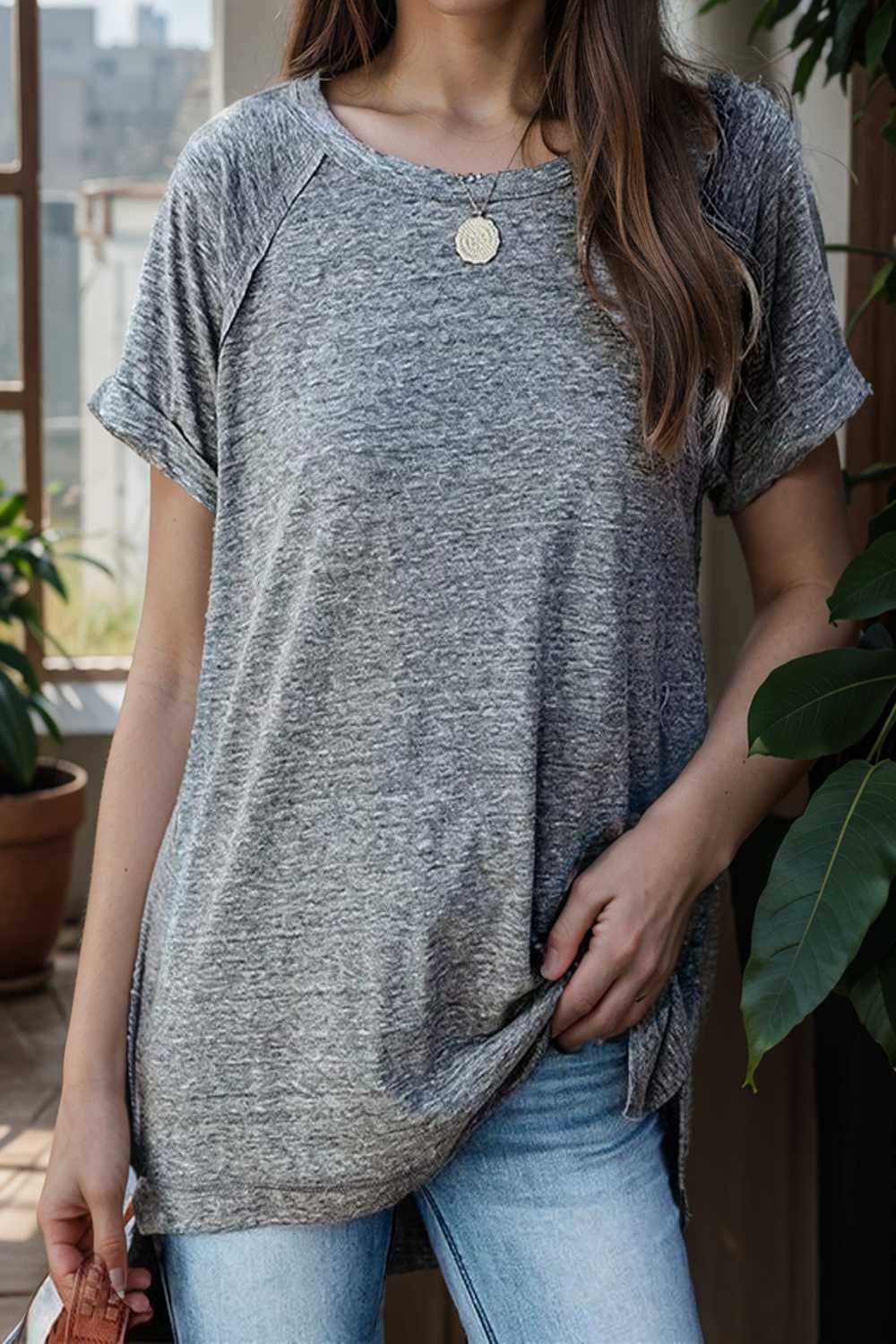 round neck solid loose short sleeve t shirt 106809