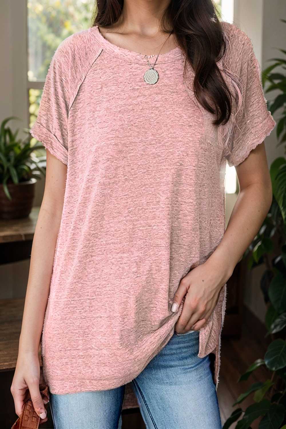 round neck solid loose short sleeve t shirt 106800