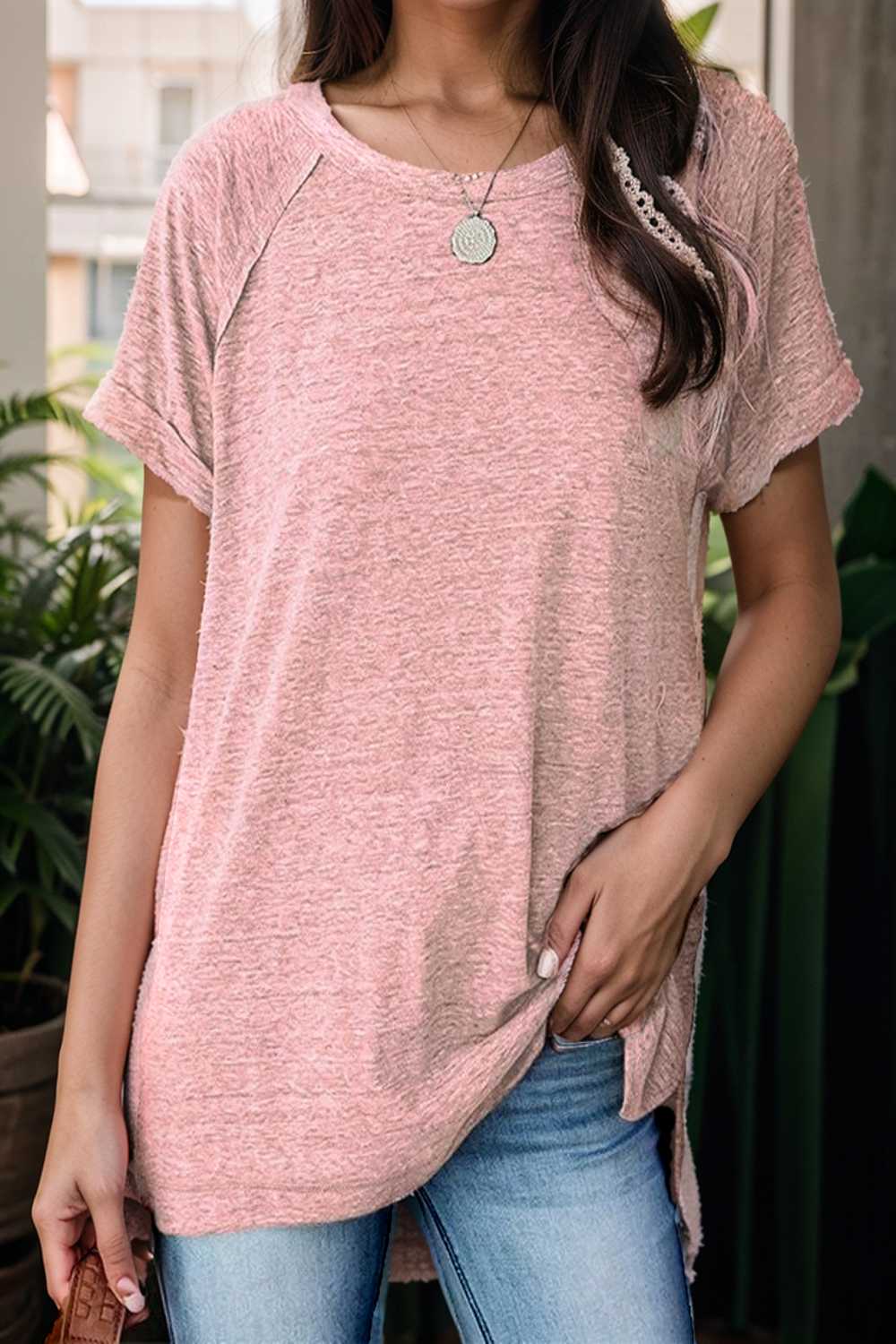 round neck solid loose short sleeve t shirt 108157