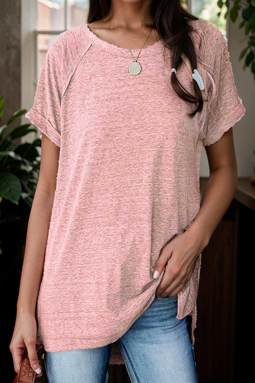 round neck solid loose short sleeve t shirt 149813