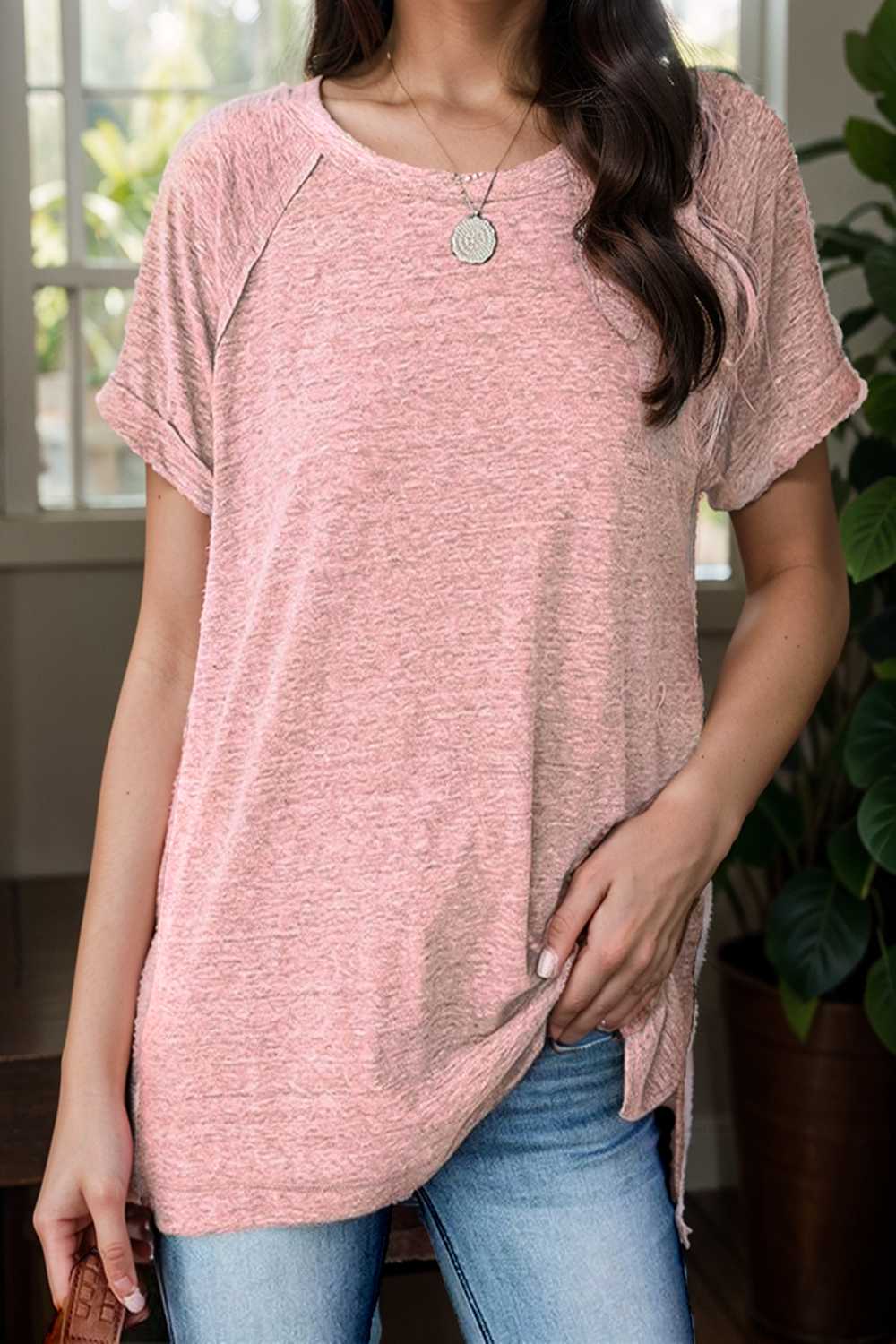 round neck solid loose short sleeve t shirt 106798