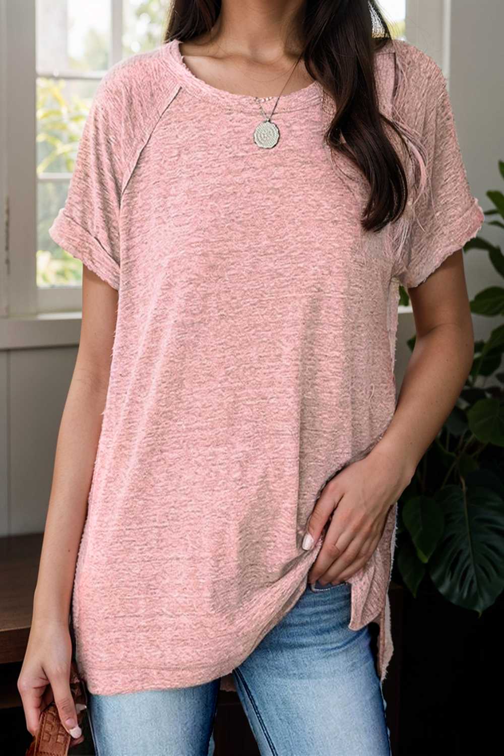 round neck solid loose short sleeve t shirt 149810