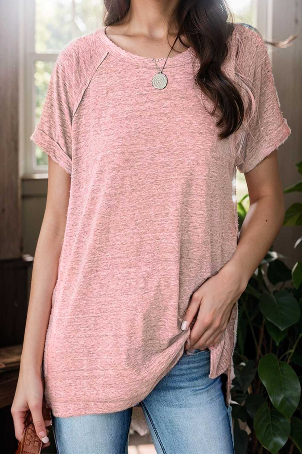 round neck solid loose short sleeve t shirt 106794