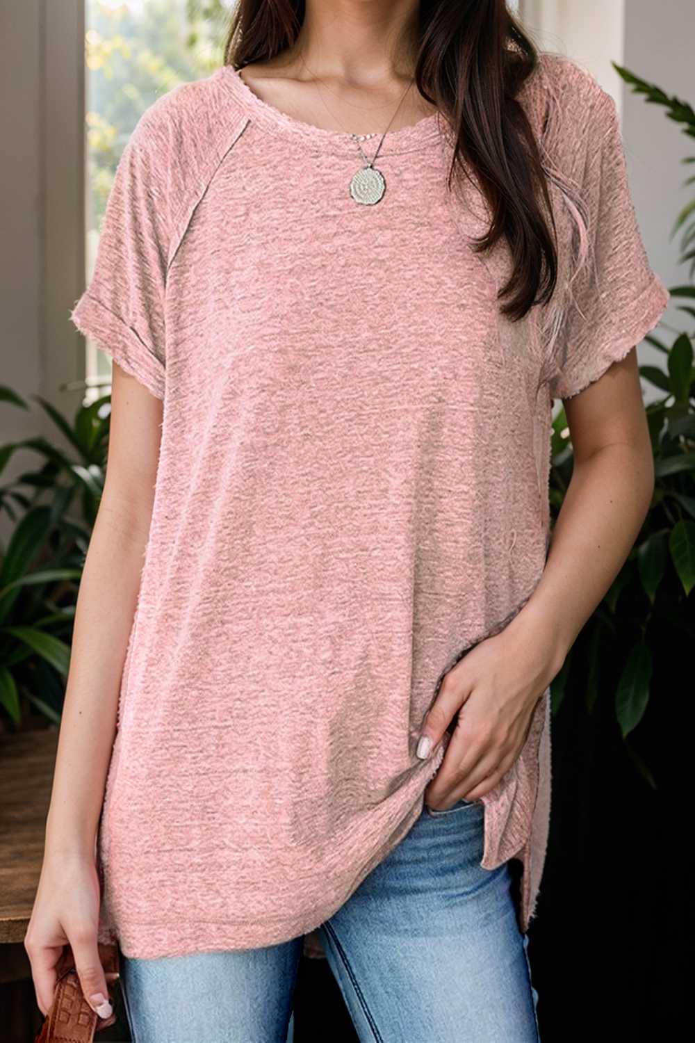 round neck solid loose short sleeve t shirt 149807