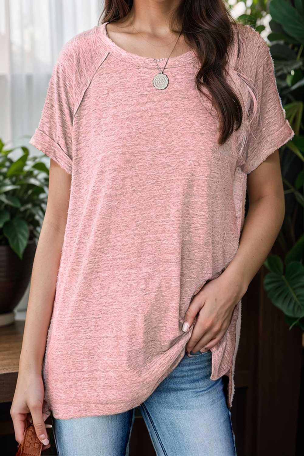 round neck solid loose short sleeve t shirt 106793
