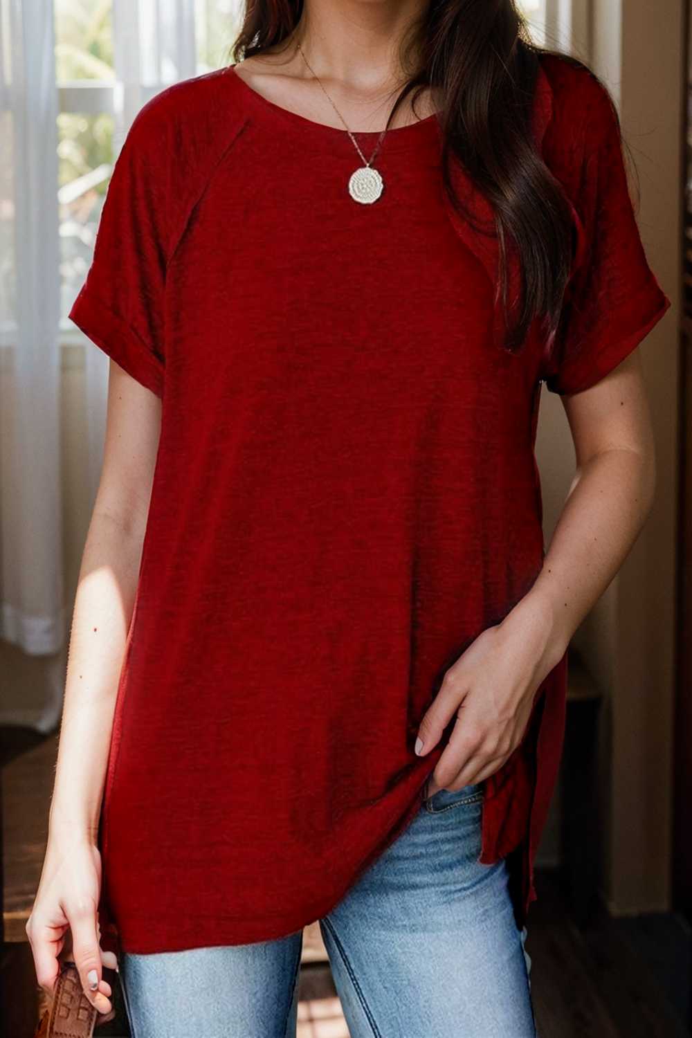 round neck solid loose short sleeve t shirt 106619
