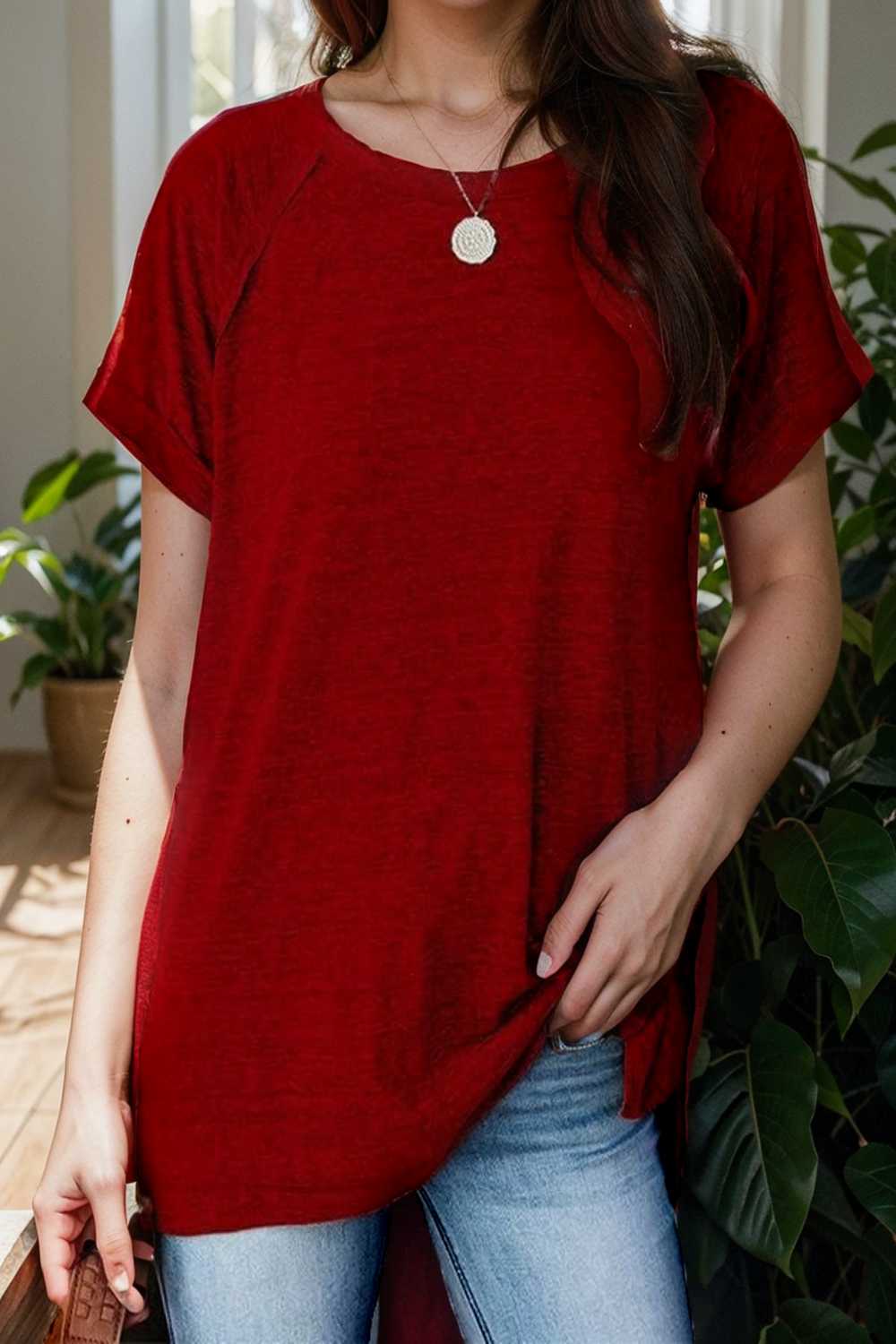 round neck solid loose short sleeve t shirt 108156