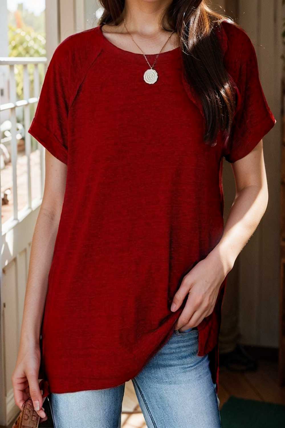 round neck solid loose short sleeve t shirt 106790