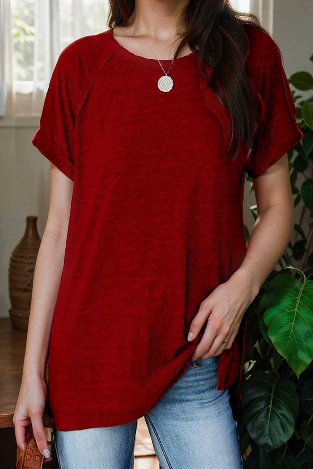 round neck solid loose short sleeve t shirt 106789