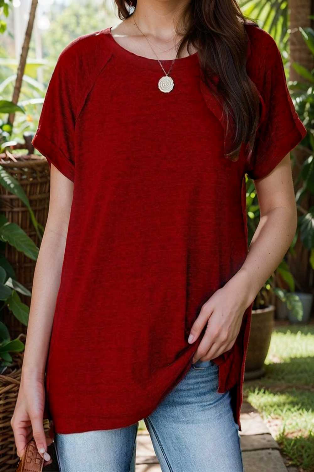 round neck solid loose short sleeve t shirt 106788