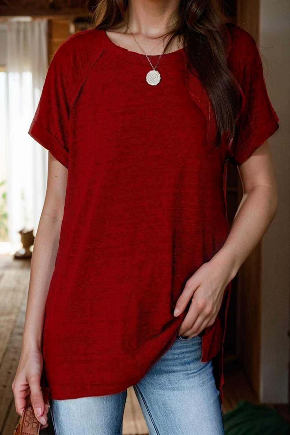 round neck solid loose short sleeve t shirt 106787