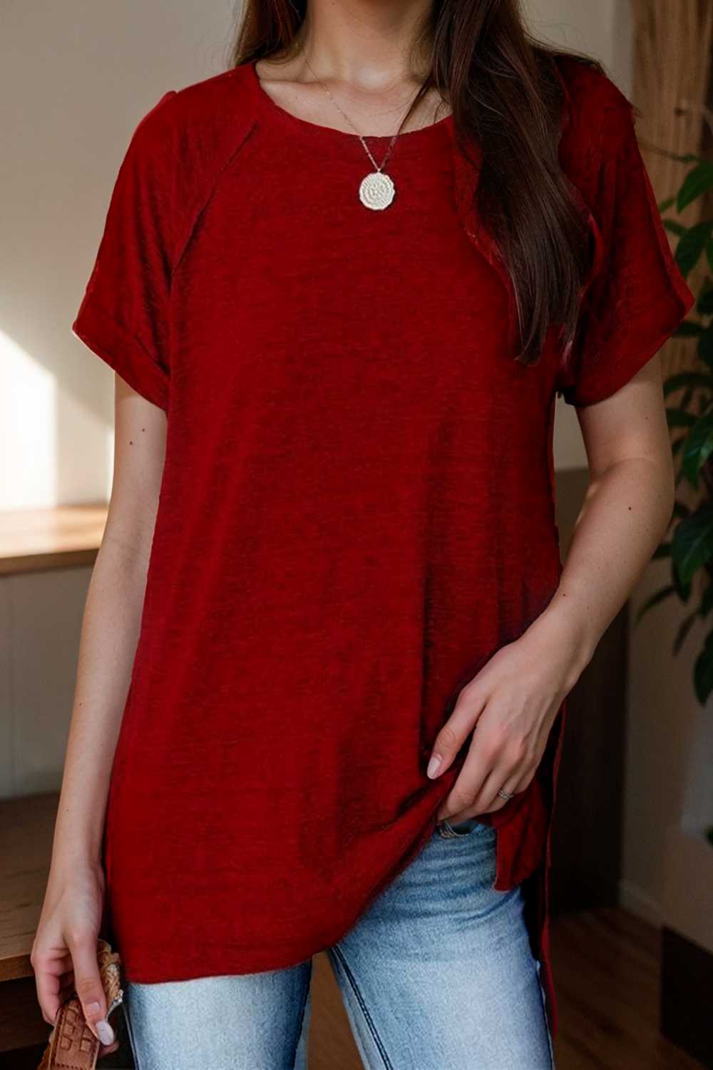 round neck solid loose short sleeve t shirt 106786