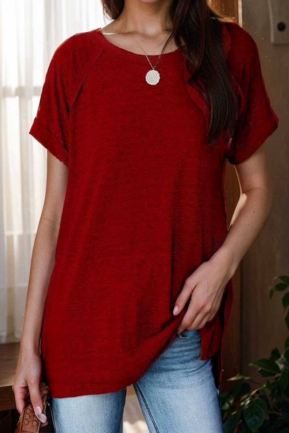 round neck solid loose short sleeve t shirt 149798