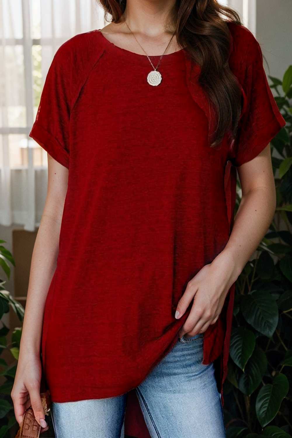 round neck solid loose short sleeve t shirt 136837