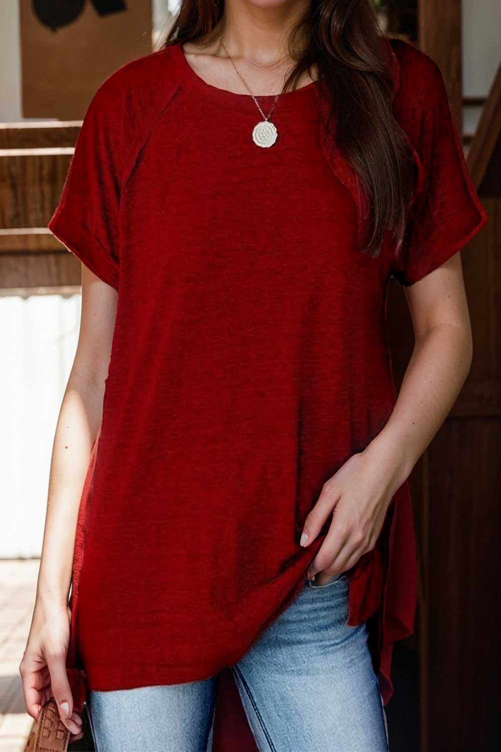 round neck solid loose short sleeve t shirt 136836