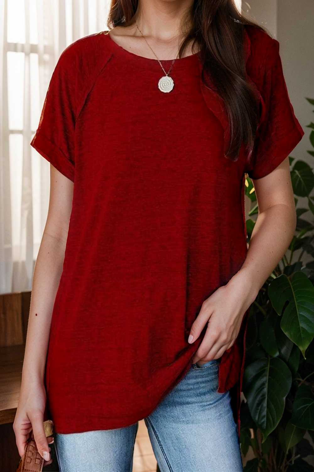 round neck solid loose short sleeve t shirt 136835