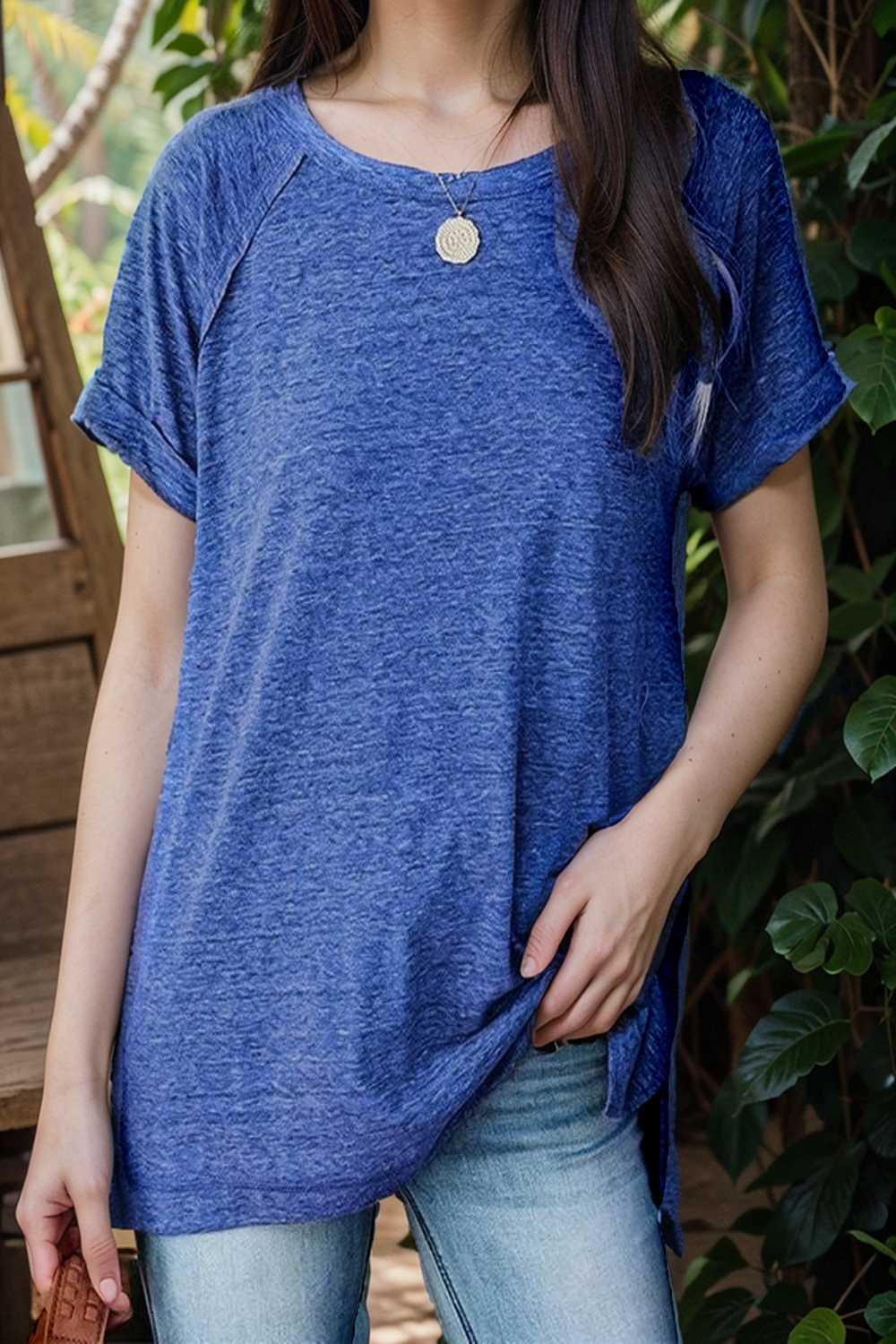 round neck solid loose short sleeve t shirt 107644