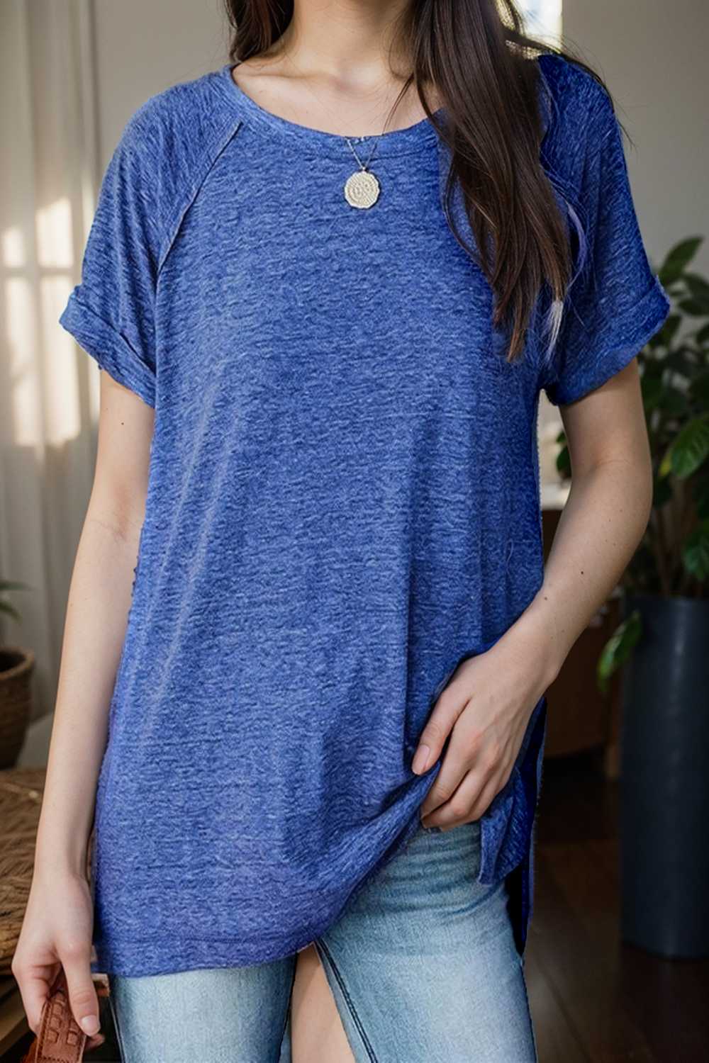 round neck solid loose short sleeve t shirt 106783