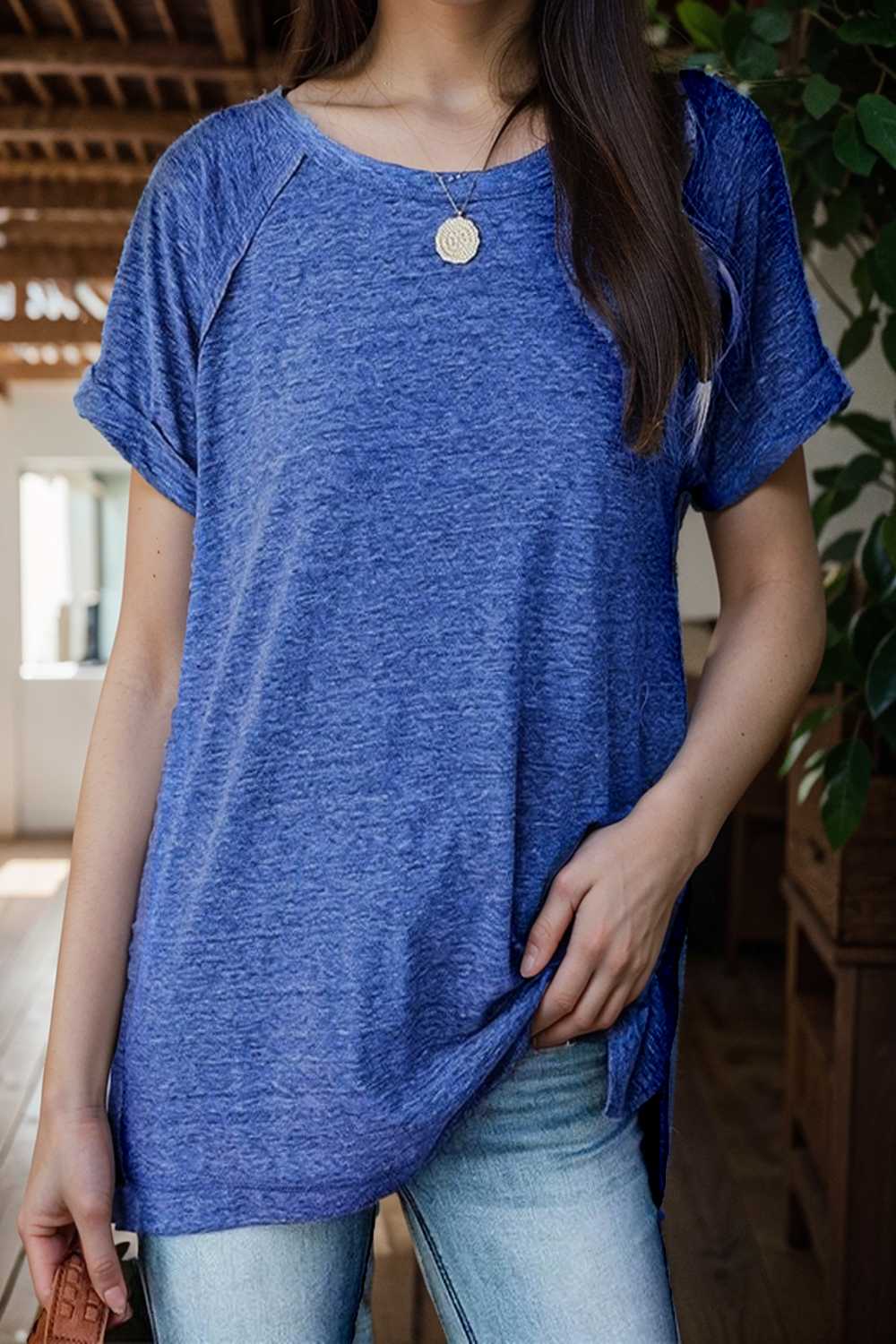 round neck solid loose short sleeve t shirt 106782
